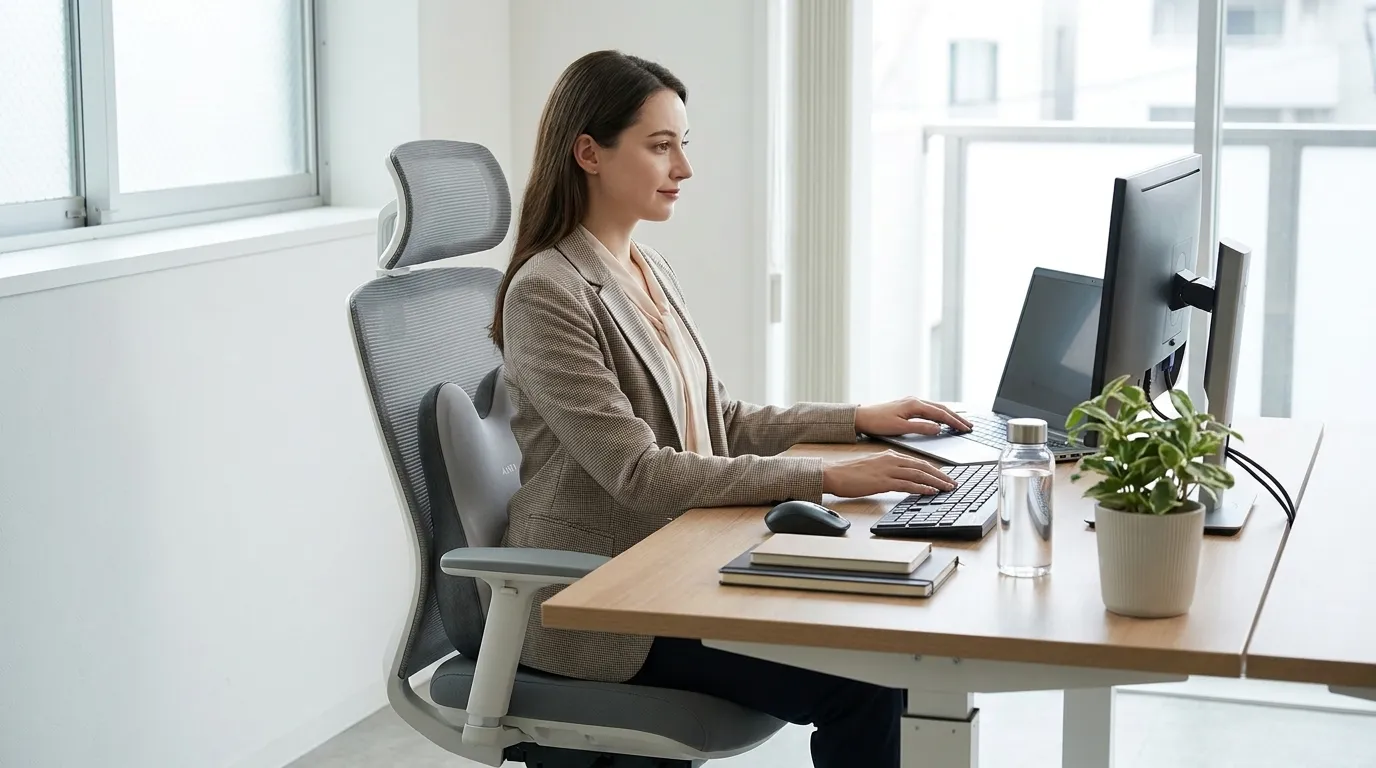 Offener Büroraum mit einheitlichen Tischen und standardisierten Bürostühlen, ausgestattet mit ergonomischen Arbeitsplatzhaltungskits.
