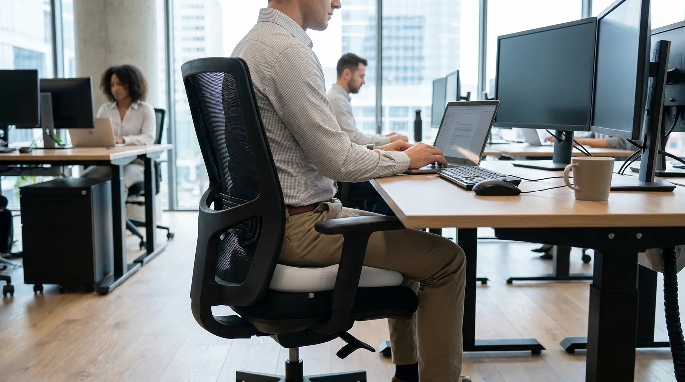 Home-Office-Setup mit einem Esszimmerstuhl, der mit einem anpassbaren ergonomischen Kissen und einer kompakten Rückenlehne verbessert wurde.