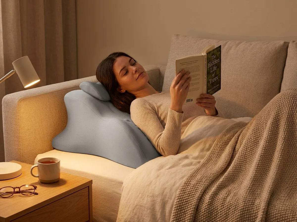 Ergonomische Mehrwinkel-Keilkissen und Lesestützkissen auf einem Wohnzimmerboden-Lounge