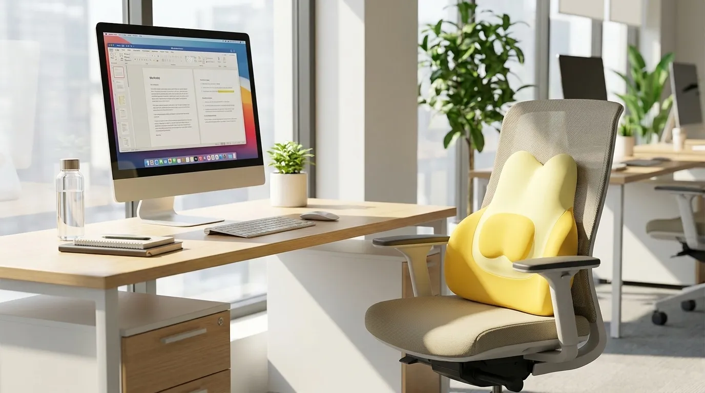 Geschäftsführungsbüro mit Premium-Ergonomie-Bürostuhl und vollständigem Haltungssupport-Setup inklusive Sitzkissen, Rückenlehne und Fußstütze.