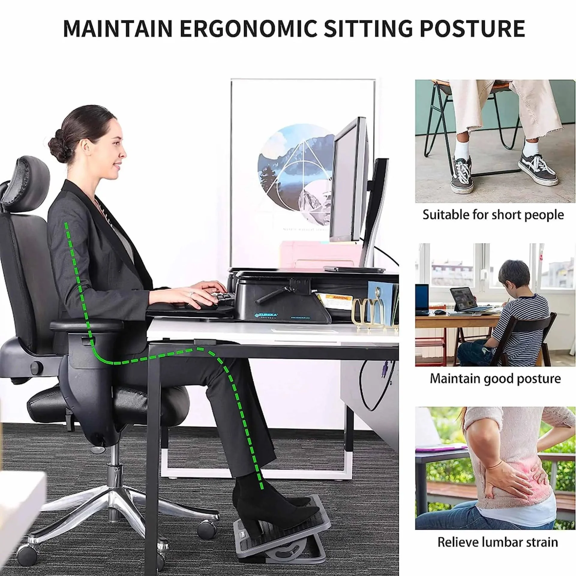 Ergonomic under desk footrest pillow providing leg pressure relief in an office workspace setup